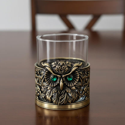 Gemstone Owl Whiskey Glass – Antique Brass Holder, 10 oz