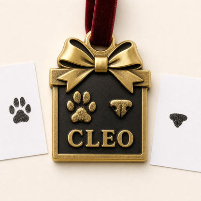 Antique brass box-shaped pet ornament with a bow, raised paw print, nose print and CLEO, beside the ink print cards