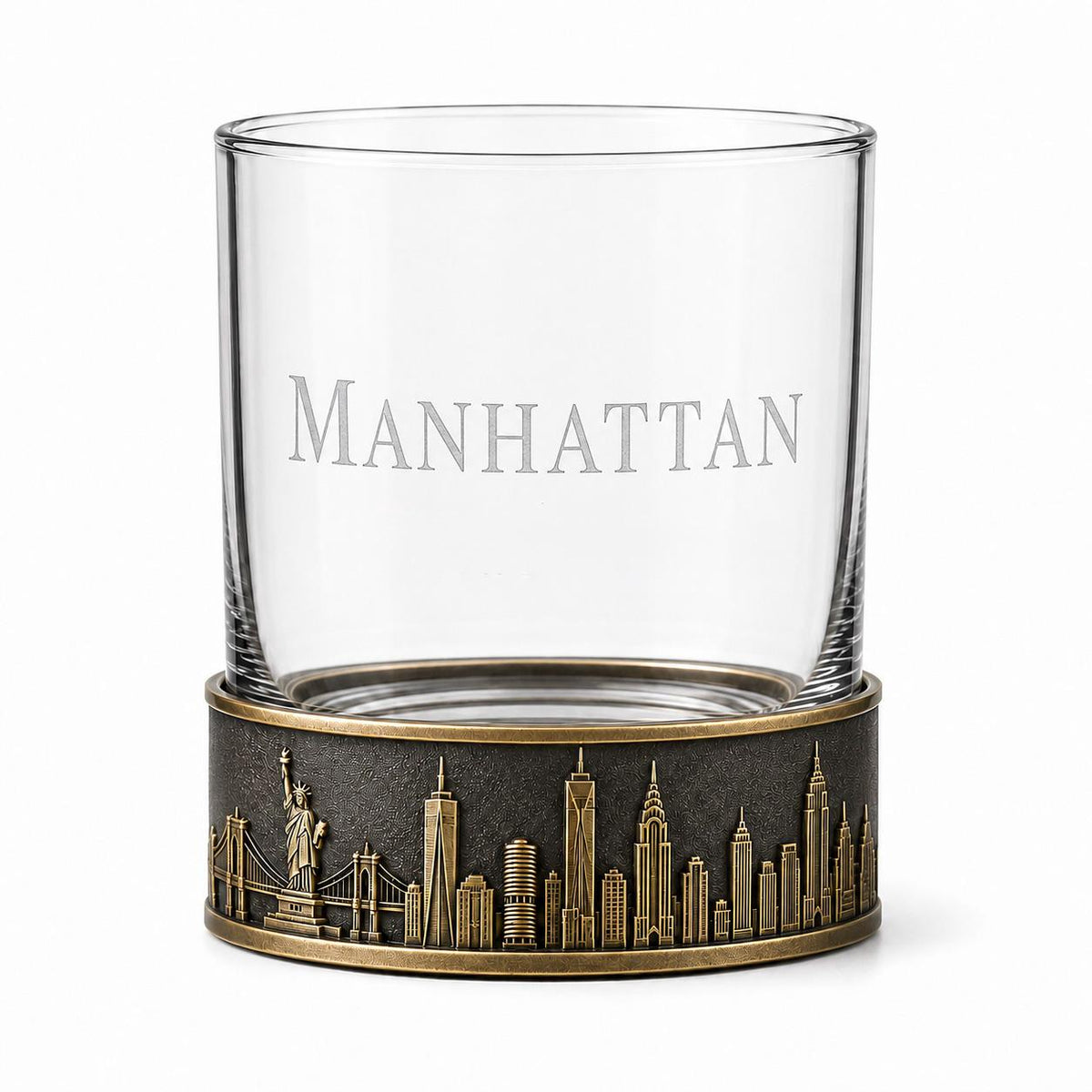 Personalised Laser Etched Brass Base Whiskey Glass | Custom Text/Name Glasses | New York Skyline Glass