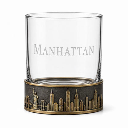Personalised Laser Etched Brass Base Whiskey Glass | Custom Text/Name Glasses | New York Skyline Glass