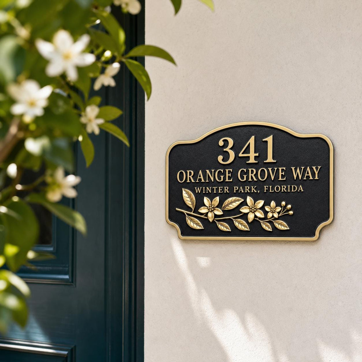 Personalised Orange Blossom Address Plaque | Custom Antique Brass House Number | Outdoor Wall Decor