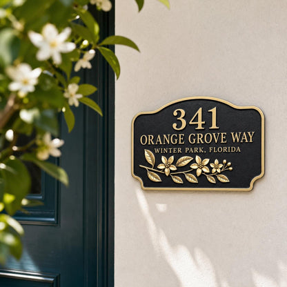 Personalised Orange Blossom Address Plaque | Custom Antique Brass House Number | Outdoor Wall Decor