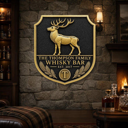 Standing stag bar sign on a stone wall beside a fireplace and wall lamp