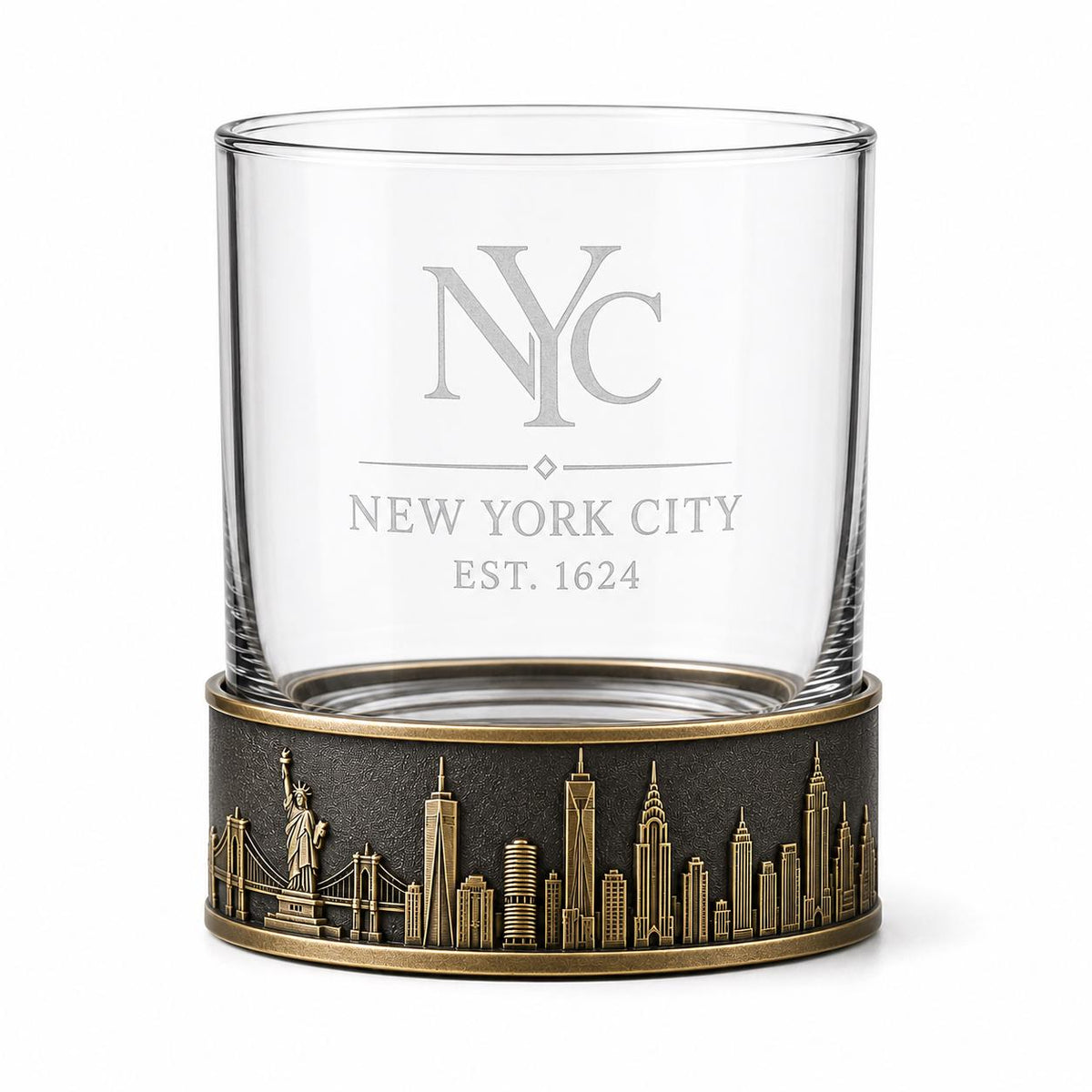 Personalised Laser Etched Brass Base Whiskey Glass | Custom Text/Name Glasses | New York Skyline Glass