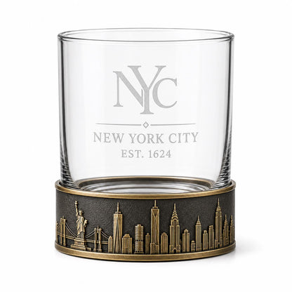 Personalised Laser Etched Brass Base Whiskey Glass | Custom Text/Name Glasses | New York Skyline Glass