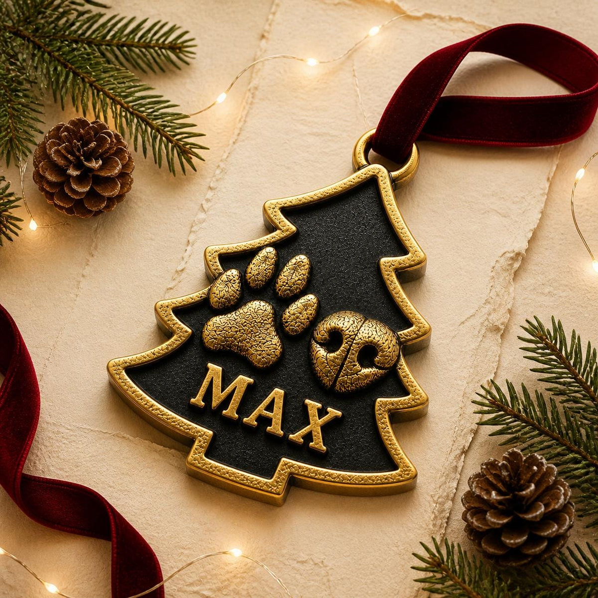 Tree-shaped pet ornament lying on cream paper with pine branches and a red velvet ribbon