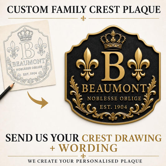 Custom Surname Crest Wall Sign | Personalised Family Initial, Motto & Antique Brass Relief