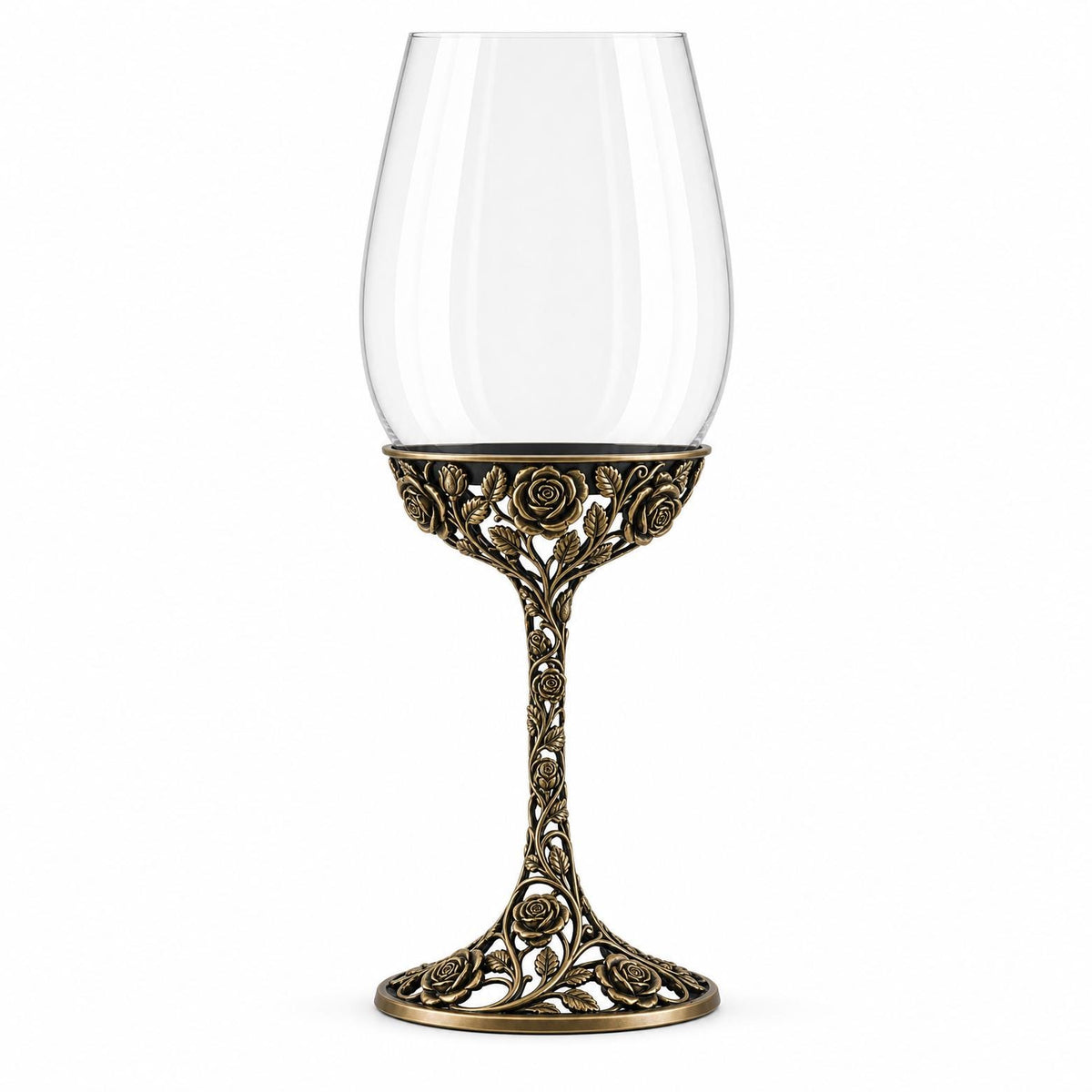 June Rose Wine Glass, Personalised Birth Flower, Openwork Brass Stem, Custom Etched Gift