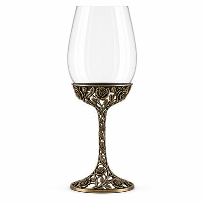 June Rose Wine Glass, Personalised Birth Flower, Openwork Brass Stem, Custom Etched Gift