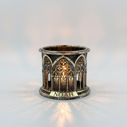 Lit round cathedral holder with NOAH on the band