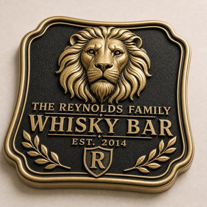 Personalised Lion Whisky Bar Sign | Antique Brass Family Bar Plaque | Custom Wall Decor