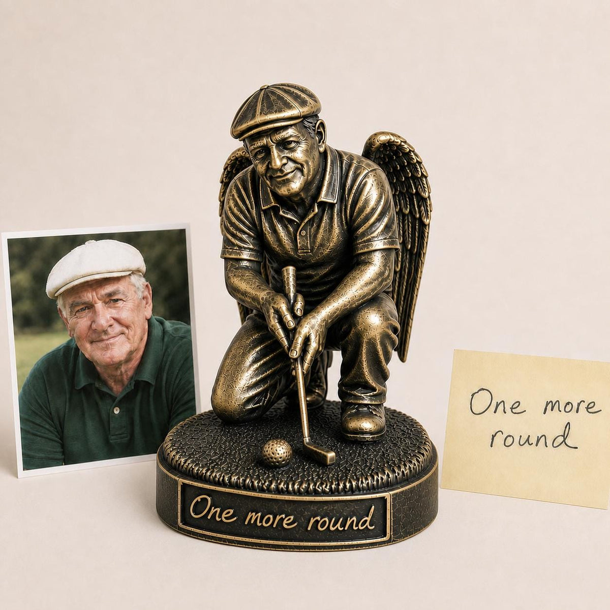 Personalised Golf Memorial Figurine from Photo, Antique Brass Angel Statue, Dad Remembrance Gift
