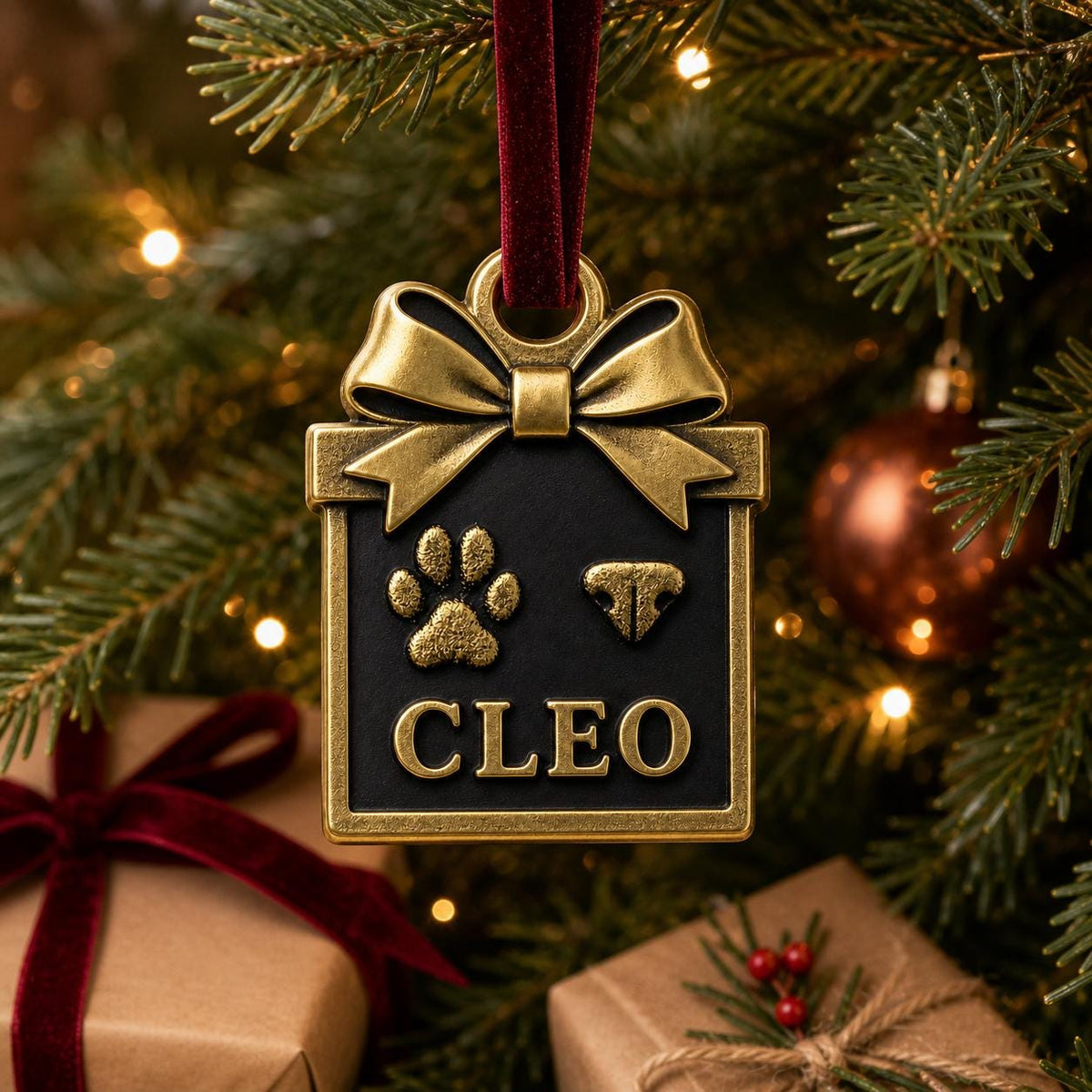 Box-shaped pet ornament with CLEO hanging on a Christmas tree among wrapped boxes