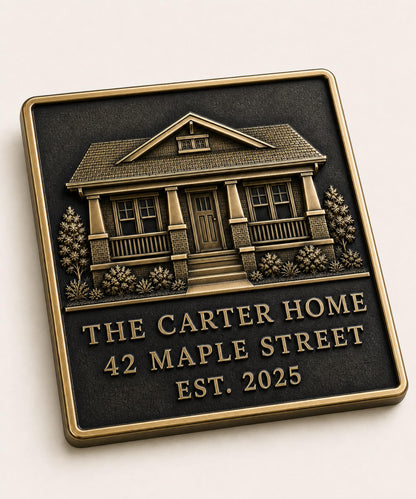 Custom Family Home Portrait Plaque | Personalised Antique Brass Keepsake Gift
