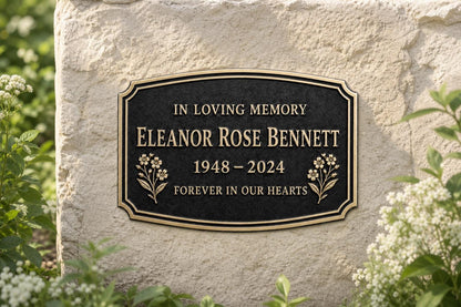 Personalised Remembrance Plaque, Memorial Sign with Floral Detail and Antique Brass Finish
