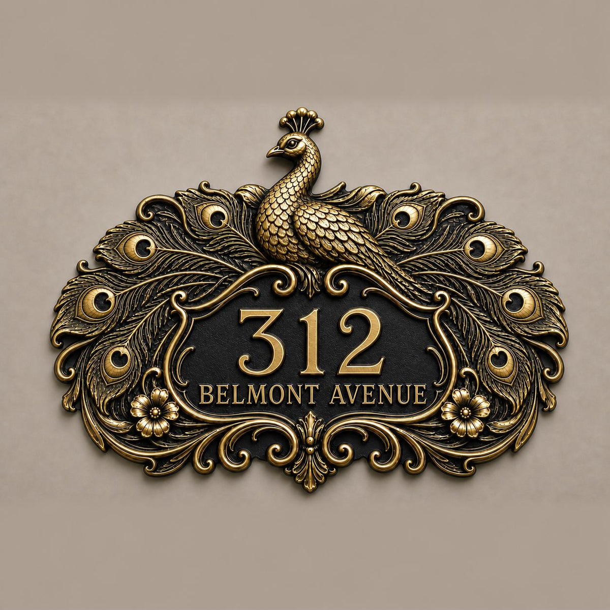 Design Your Own Custom House Number Plaque | Personalized Peacock Antique Brass Address Sign