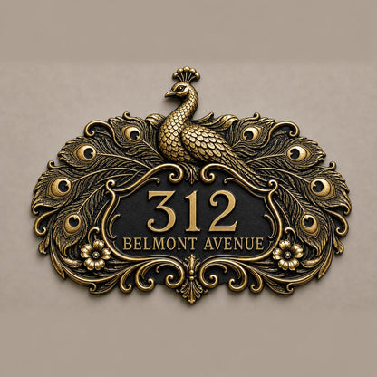 Design Your Own Custom House Number Plaque | Personalized Peacock Antique Brass Address Sign