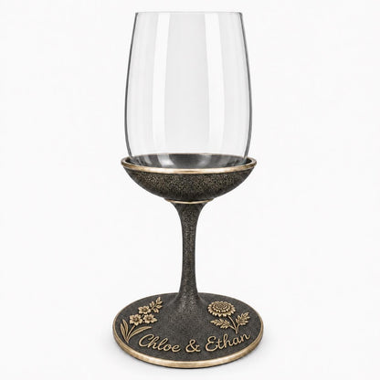 Personalised Handwriting Birth Flower Wine Glass, Gladiolus & Marigold Antique Brass Base
