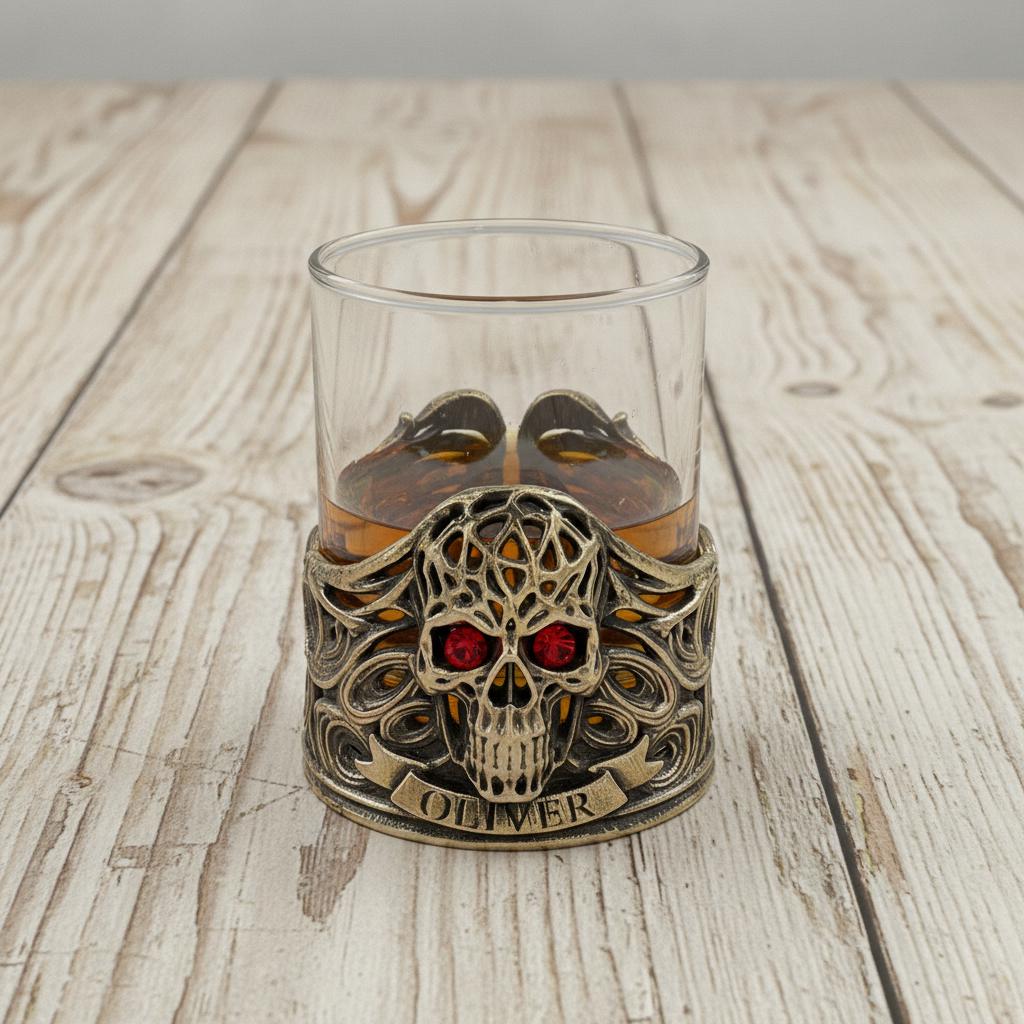 Personalized Jeweled Skull Whiskey Glass – Name on the Band, 10 oz