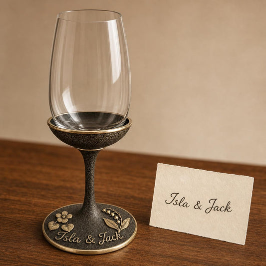 Personalised Birth Flower Wine Glass, Violet & Lily of the Valley Antique Brass Base