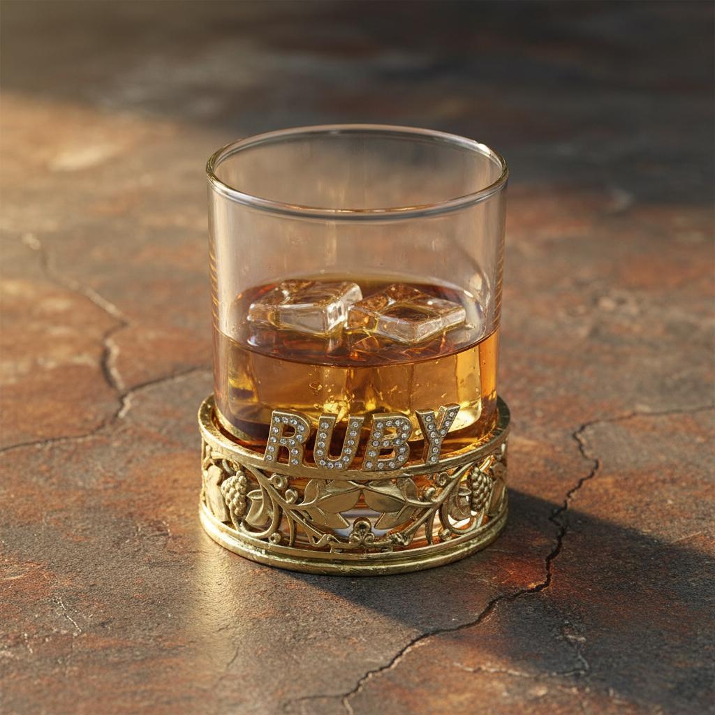 Whiskey glass with RUBY in a gold vine band, on a stone table