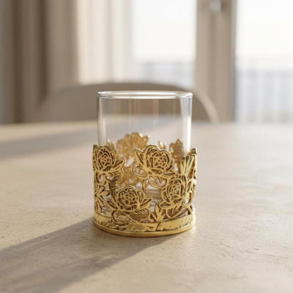 Floral Whiskey Glass – Openwork Metal Holder, 10 oz