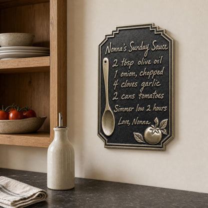 Custom Handwritten Recipe Plaque | Antique Brass Family Recipe Sign | Personalised Kitchen Keepsake Gift