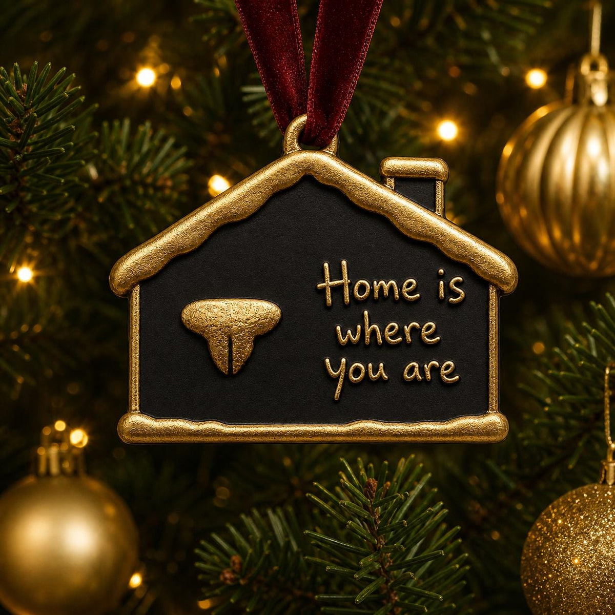 Snowy house nose print ornament hanging on a lit Christmas tree with gold baubles