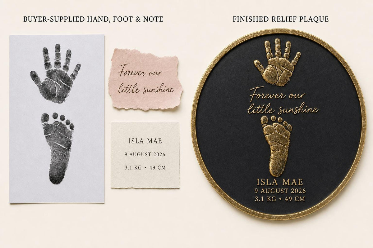 Personalised Little Baby Plaque, Custom Handprint & Footprint, Antique Brass Nursery Gift