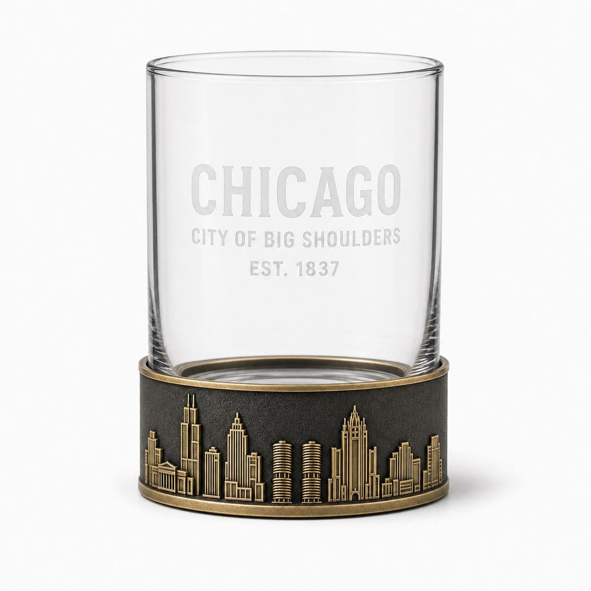 Personalised Laser Etched Brass Base Whiskey Glass | Custom Text/Name Glasses | Chicago Skyline Glass