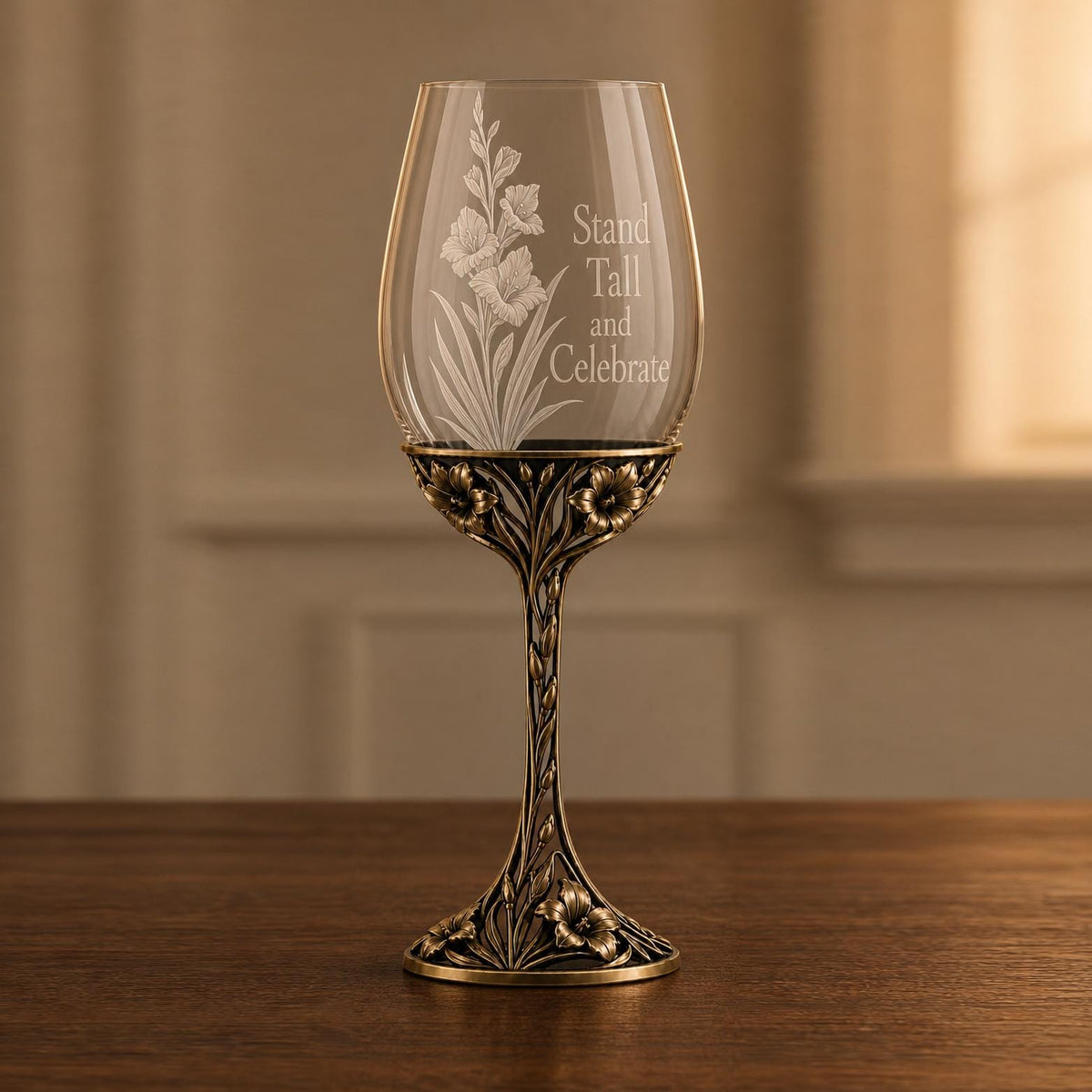 August Gladiolus Wine Glass, Personalised Birth Flower, Openwork Brass Stem, Custom Etched Gift