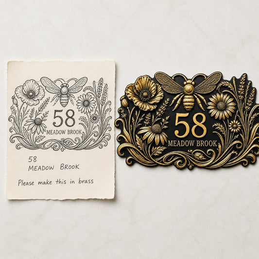Design Your Own Custom House Number Plaque | Personalized Floral Bumblebee Antique Brass Address Sign