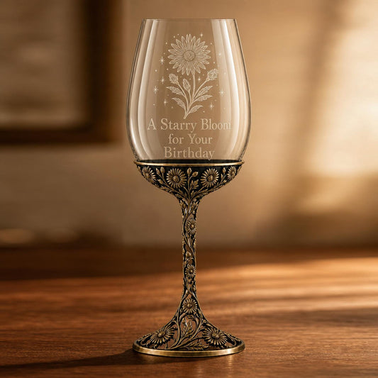 September Aster Wine Glass, Personalised Birth Flower, Openwork Brass Stem, Custom Etched Gift