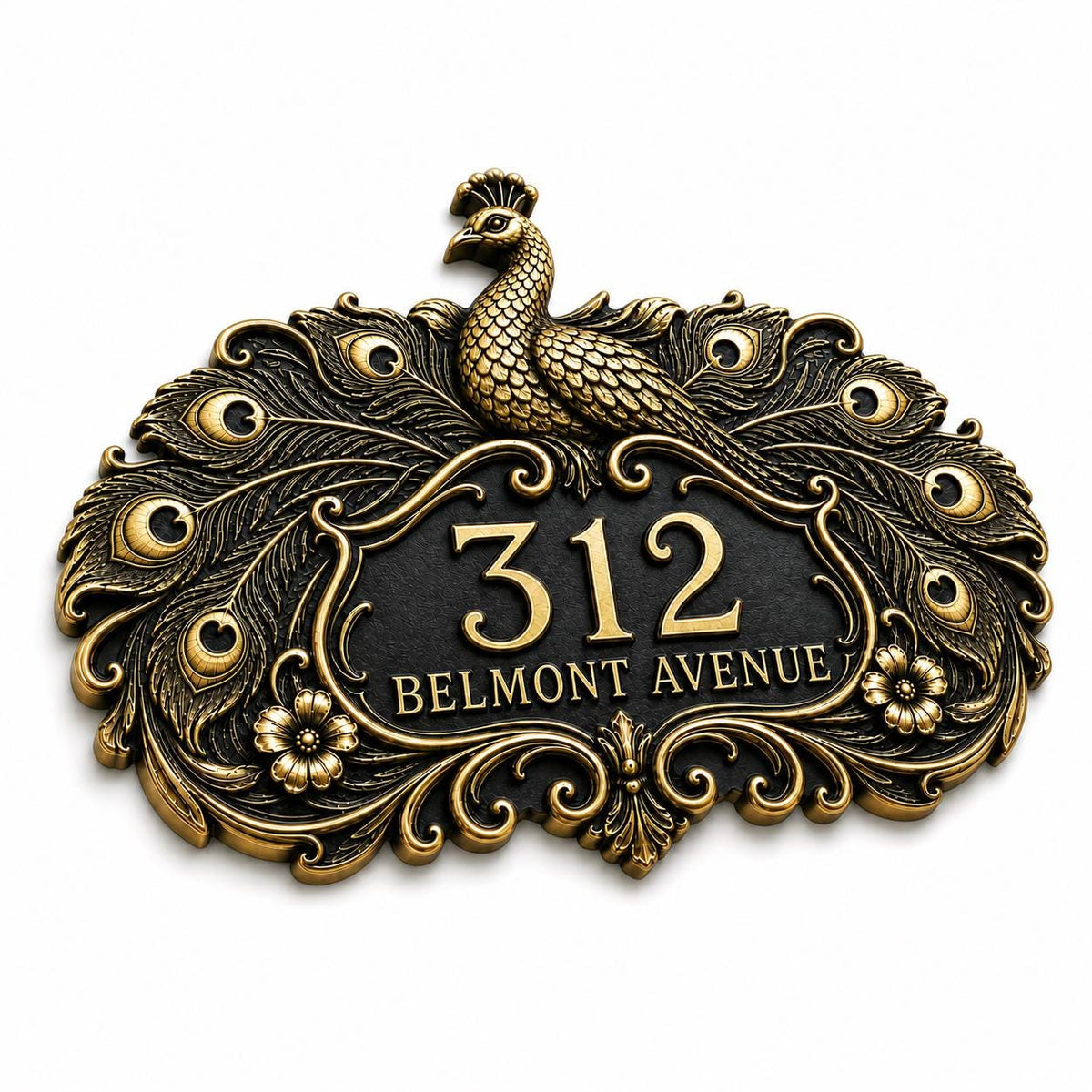 Design Your Own Custom House Number Plaque | Personalized Peacock Antique Brass Address Sign