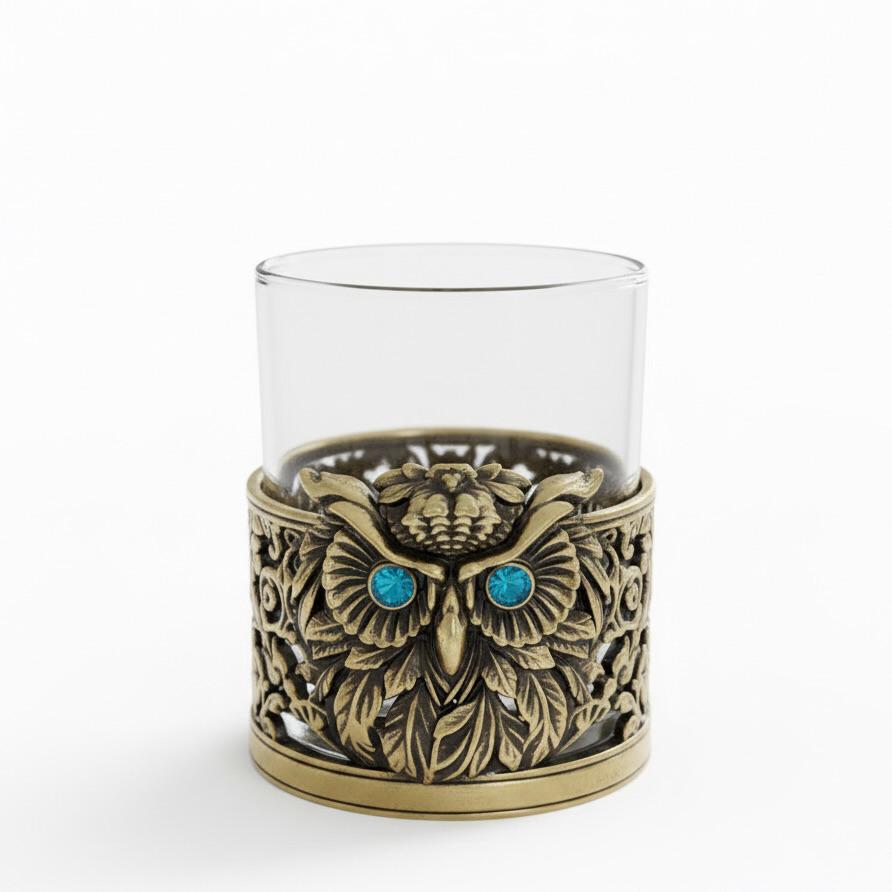 Gemstone Owl Whiskey Glass – Antique Brass Holder, 10 oz