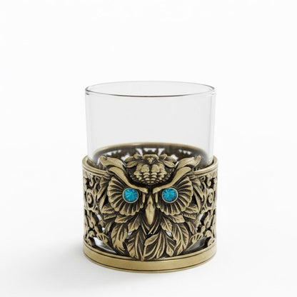 Gemstone Owl Whiskey Glass – Antique Brass Holder, 10 oz