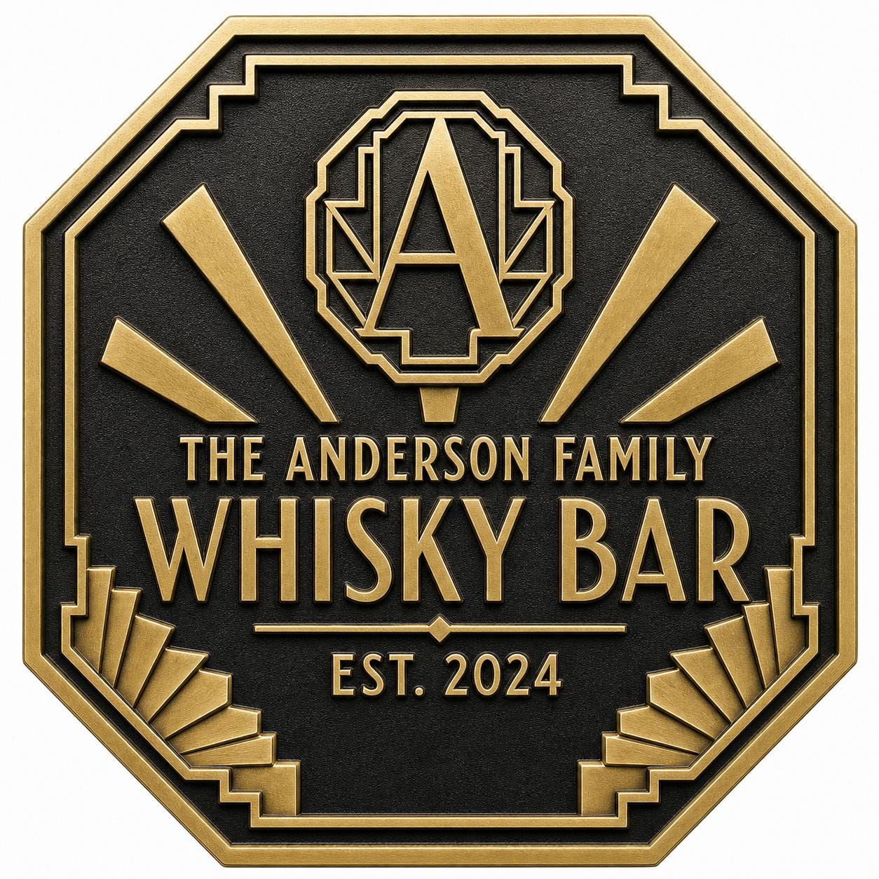 Personalised Art Deco Whisky Bar Sign | Custom Family Home Bar Plaque | Antique Brass Metal Wall Sign