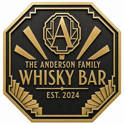Personalised Art Deco Whisky Bar Sign | Custom Family Home Bar Plaque | Antique Brass Metal Wall Sign