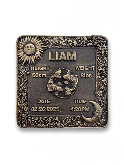 Personalized Brass Birth Plaque Tile for New Borns | Brass Zodiac Sun Sign Plaques | Antique Gold Finish
