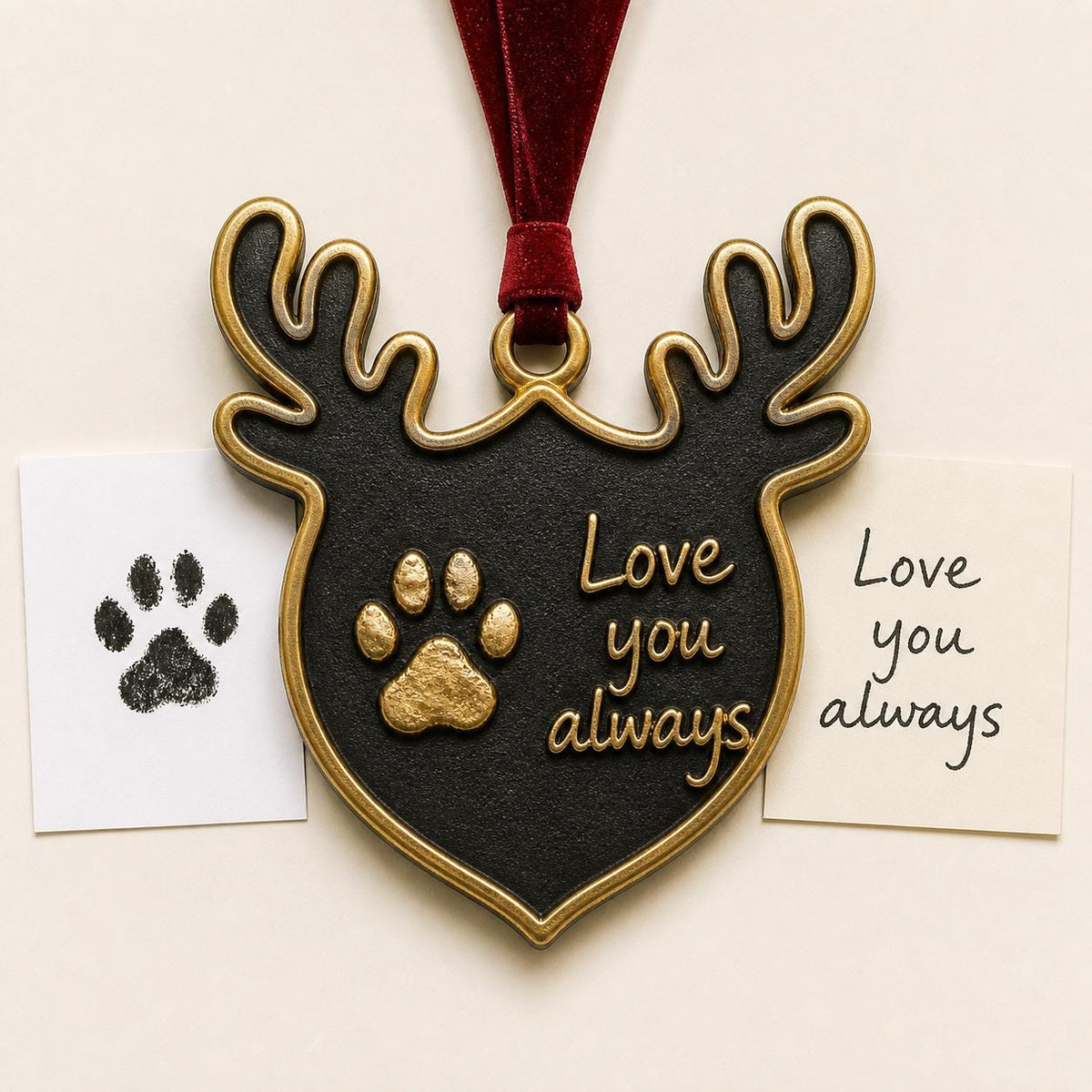 Antique brass antlered pet ornament with a raised paw print and Love you always, beside the paw and note cards