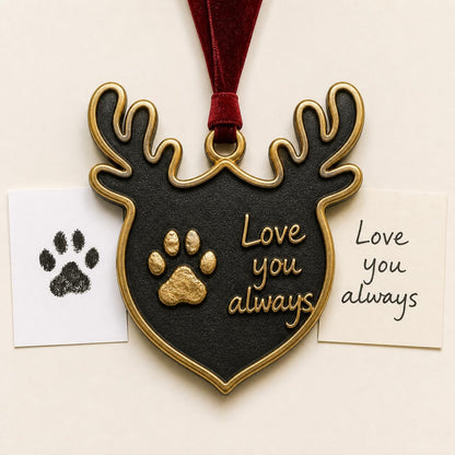 Antique brass antlered pet ornament with a raised paw print and Love you always, beside the paw and note cards