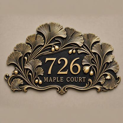 Design Your Own Custom House Number Plaque | Personalized Antique Brass Ginkgo Leaves Address Sign