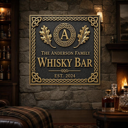Personalised Celtic Whisky Bar Sign | Antique Brass Irish Pub Plaque | Custom Family Home Bar Gift
