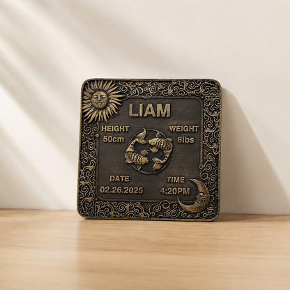 Personalized Brass Birth Plaque Tile for New Borns | Brass Zodiac Sun Sign Plaques | Antique Gold Finish