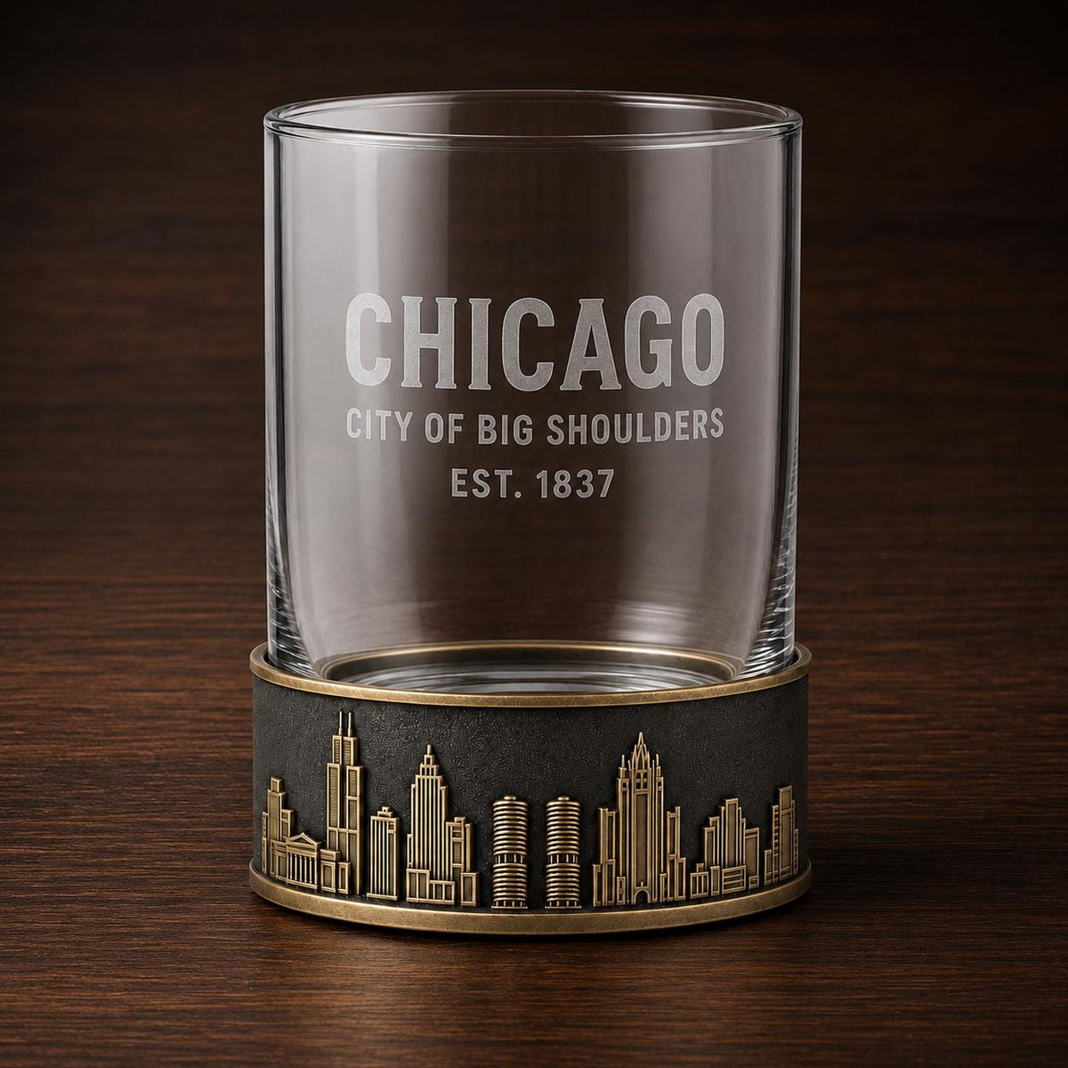 Personalised Laser Etched Brass Base Whiskey Glass | Custom Text/Name Glasses | Chicago Skyline Glass