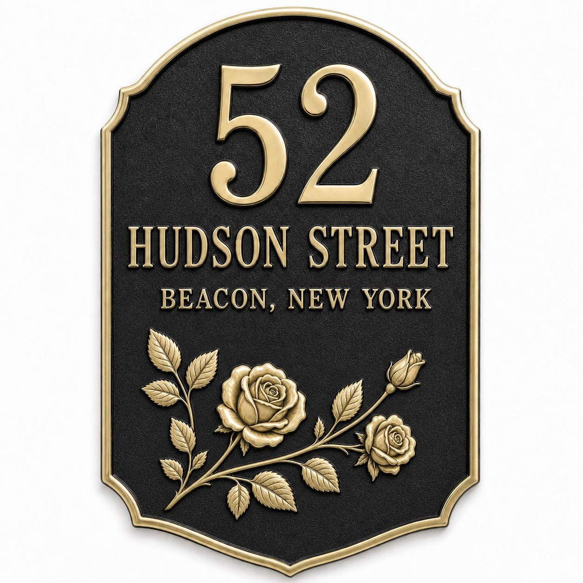Personalised Rose Address Plaque | Custom Metal House Number | Antique Brass Wall Plate