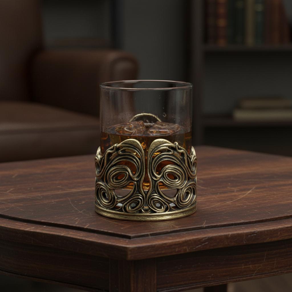 Jeweled Skull Whiskey Glass – Antique Brass Holder, 10 oz