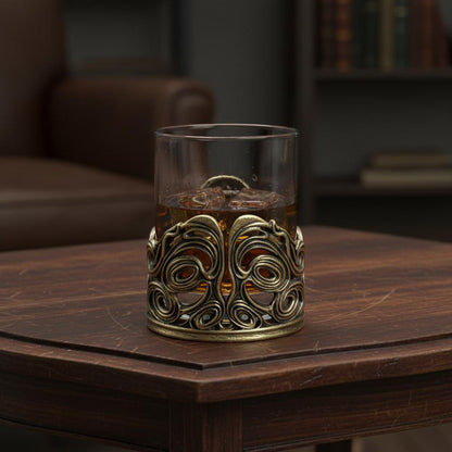 Jeweled Skull Whiskey Glass – Antique Brass Holder, 10 oz
