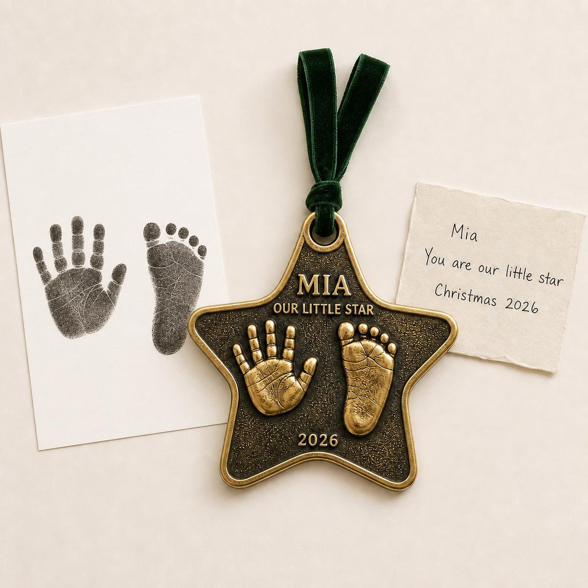 An antique brass star-shaped baby ornament with a raised handprint and footprint