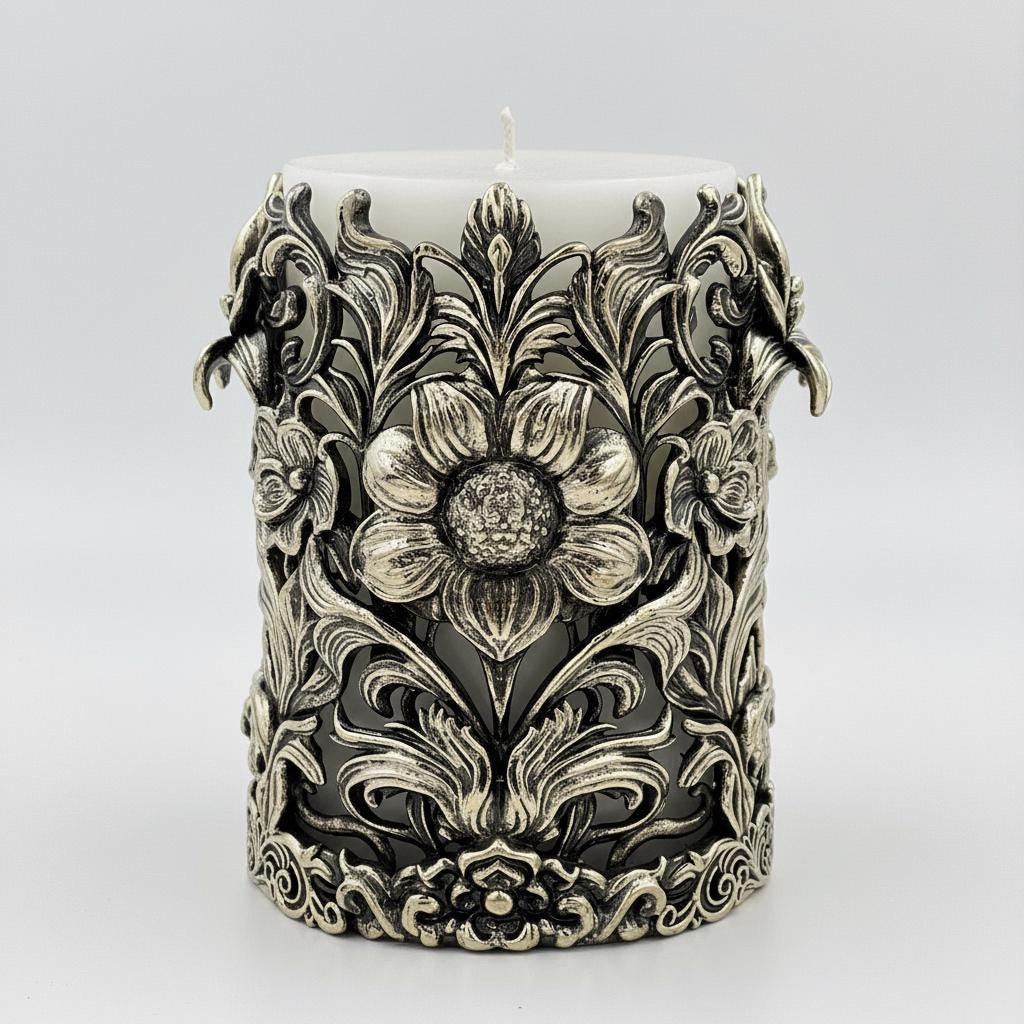 Floral pillar candle holder, close front view
